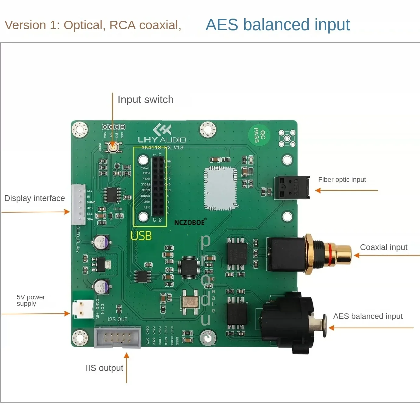 placa-receptora-dac-nczoboe-usb-con-conexion-coaxial-bluetooth-y-fibra-optica-compatible-con-aes-e-iis-y-con-chip-xmos-ak4118