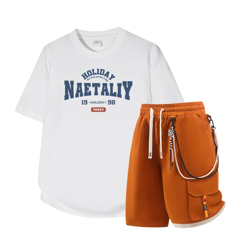 Summer Fashion Letter Printed Cotton T-Shirts Sets Men Short Sleeved Sports Tees Shorts Suit Men's Loose Two-Piece Tracksuit Set