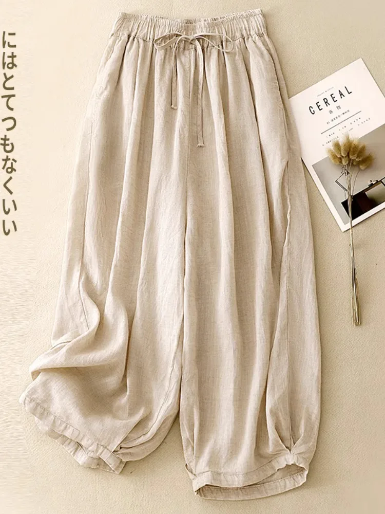 

High Waist Cotton Linen Harlan Pants Women's Summer Casual Slimming Belted Loose Fit Straight Leg Pure Color plus Size Trousers