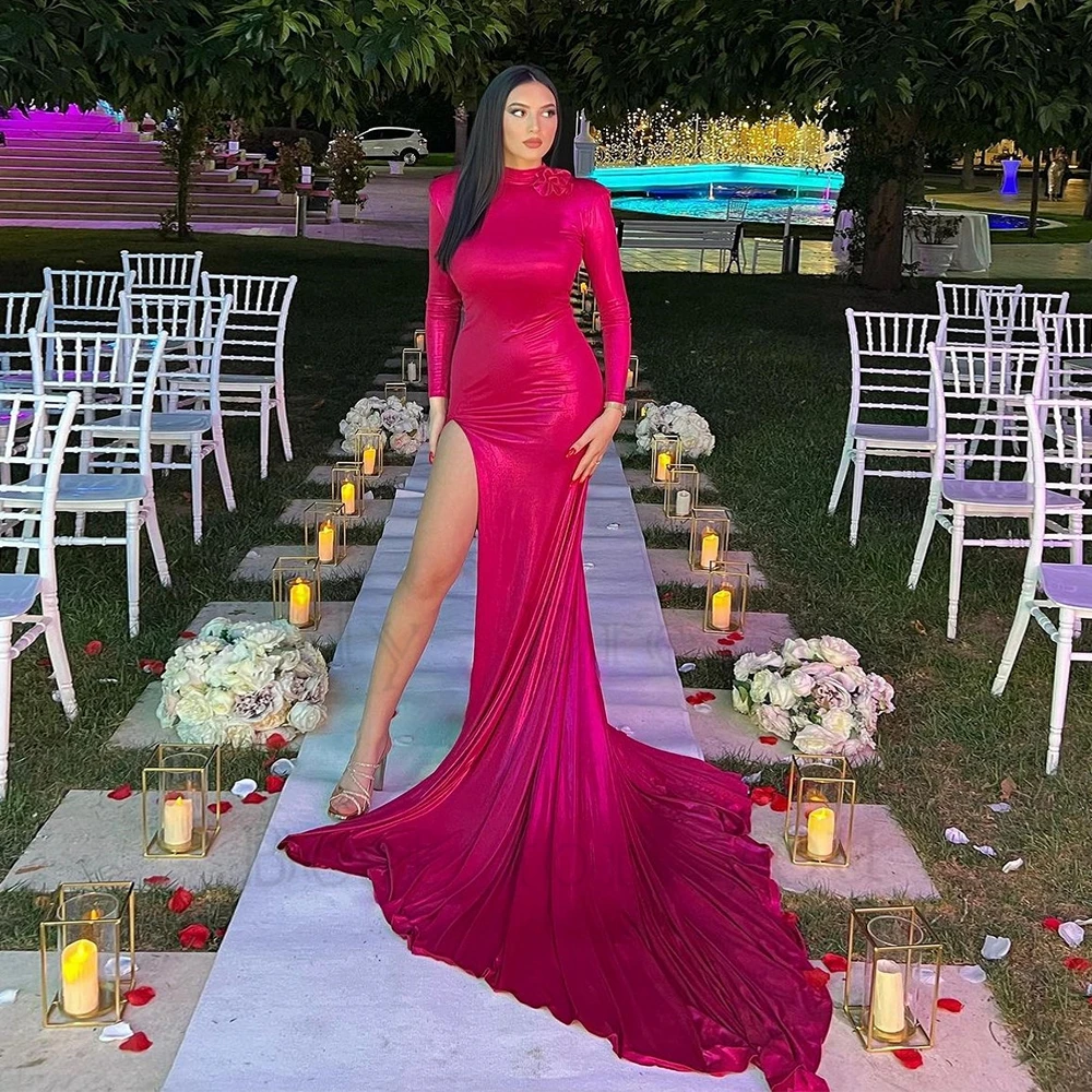 

Burgundy Sweep Train Evening Dresses for Women Side Slit Prom Gowns Velvet Robe De Soirée 2024 Summer Zipper Back فساتين سهرة