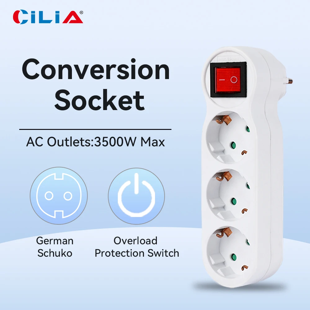 Multicaméra Cilia avec interrupteur, 3 prises schuko 16a / 250v, protection enfant, design plat 3 en 1, 3500w remplie de sécurité,