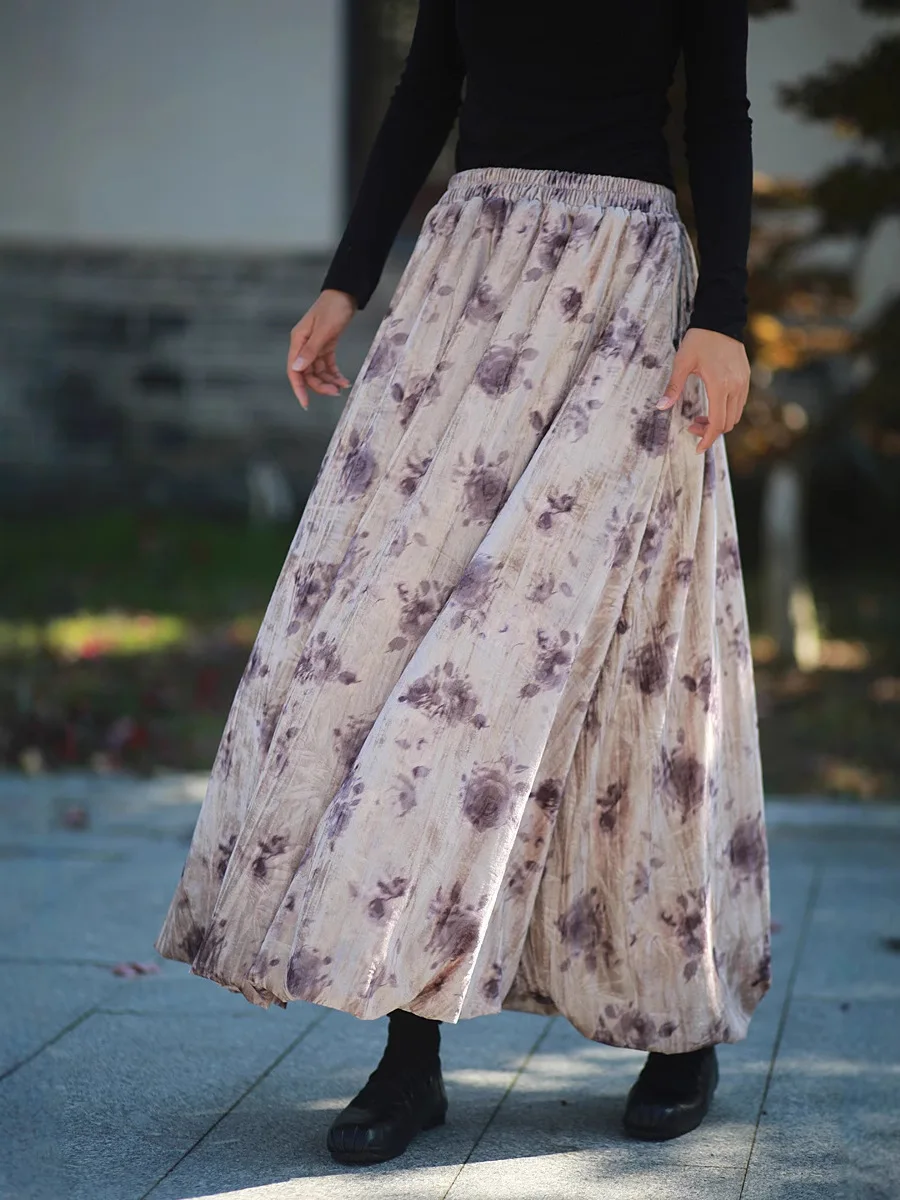 Tiyihailey feminino veludo a linha maxi saia cintura elástica saia de veludo com bolso longo maxi outono inverno lavagem de tinta tie-dye