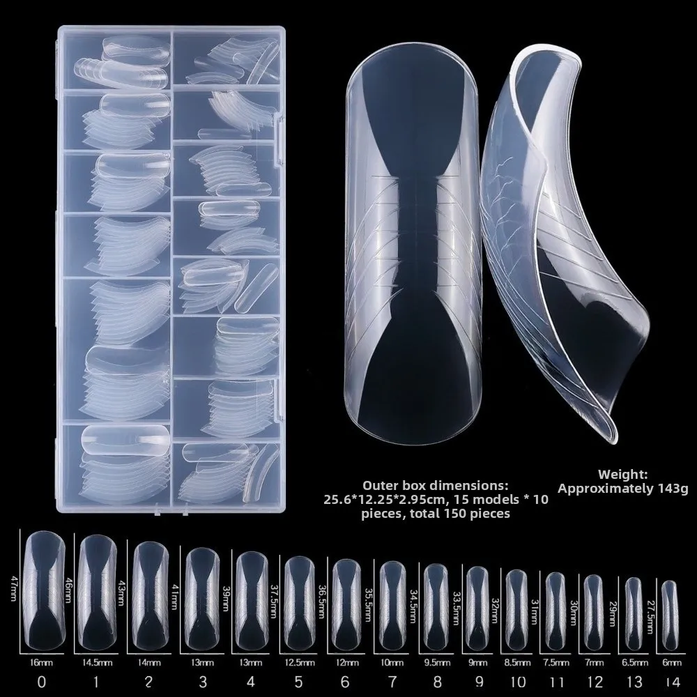 150개 관 모양 샌드위치 네일 폼 보조 라인 포함 아몬드 모양 네일 아트 팁 클리어 익스텐션 내추럴 클리어