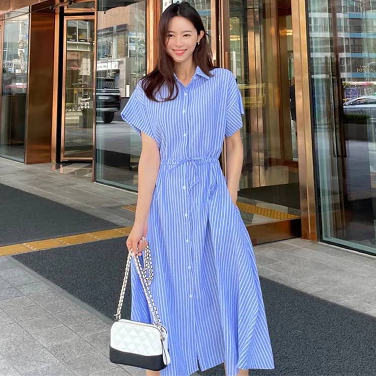 2024 Summer Short Sleeve Striped Dress Women Long Bodycon Dress Korean Polo Neck Waist Drawstring Cotton Big Hem Womens Vestidos