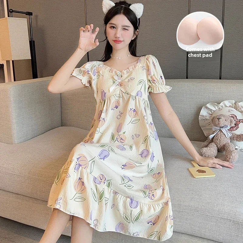 New Summer Women's Sleepwear Chest Pad Woven Trench Cloud Cotton Home Nightgown Medium-length Women's Pajamas