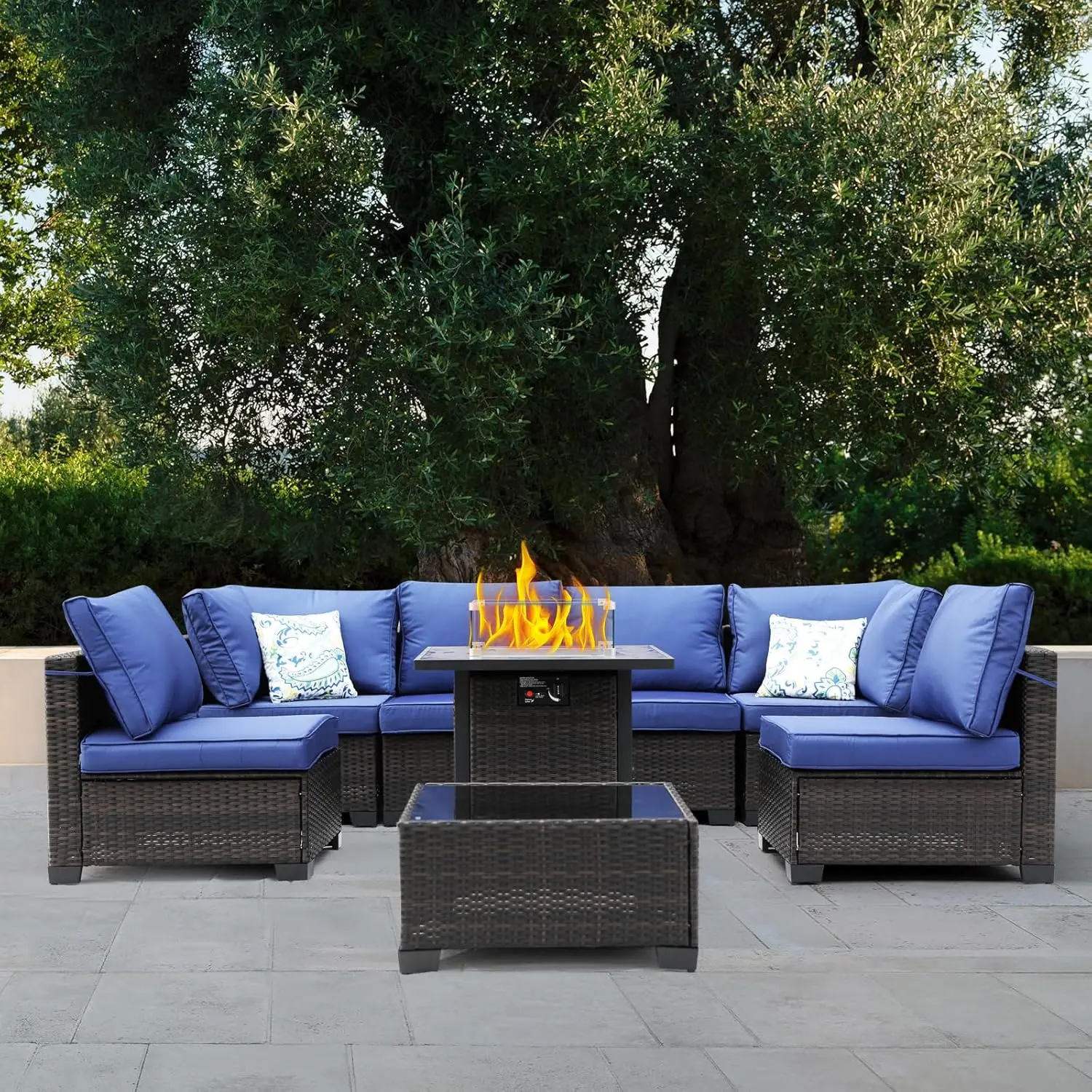 

8 Pieces Patio Furniture Set with 28" Fire Pit Table, Wicker Outdoor Sectional Couch, Rattan Conversation Set for Backyard, Deck