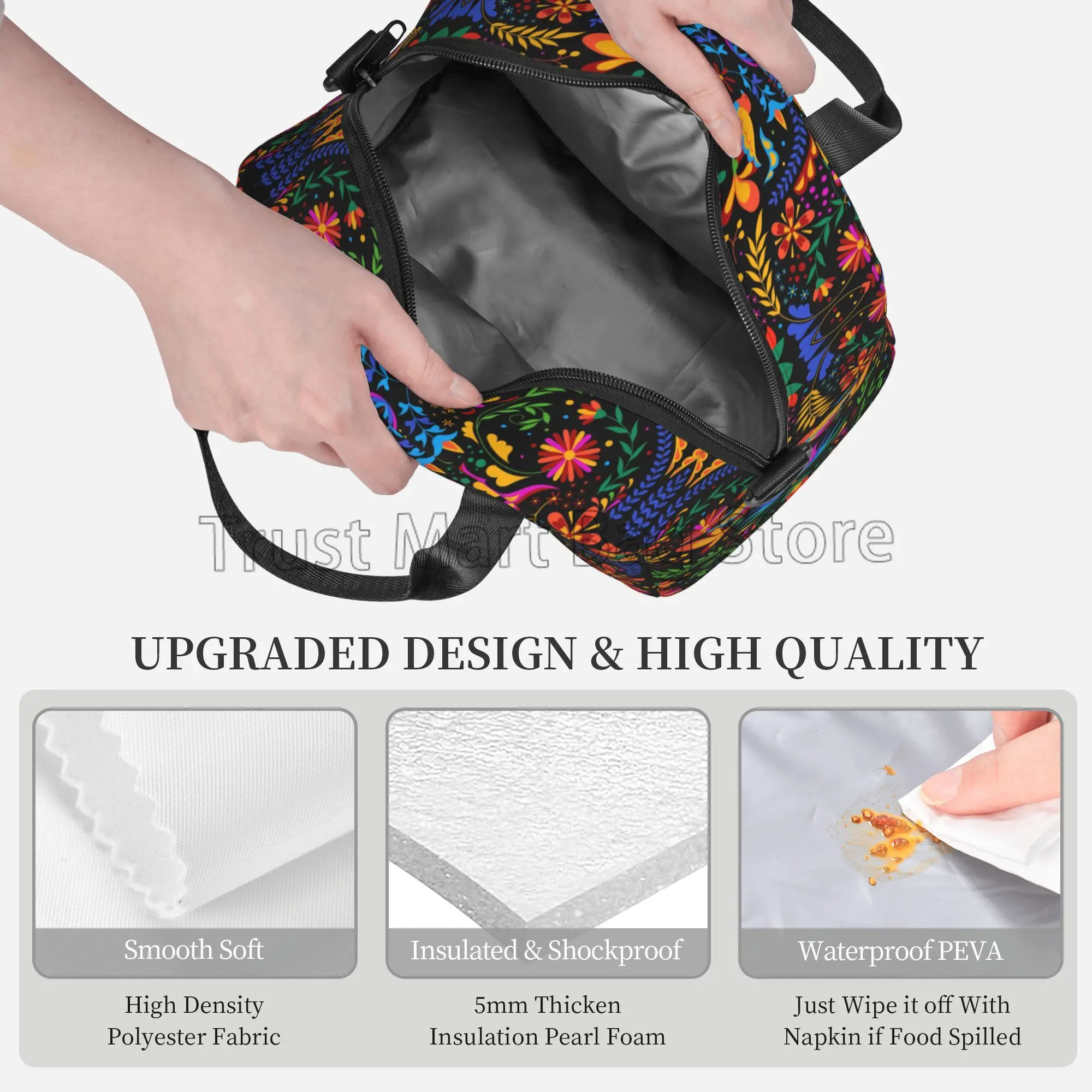 Mexican Flowers Otomi Insulated Lunch Bag Tote Meal Cooler Bag Reusable Portable Thermal Lunch Box for Work School Picnic Beach