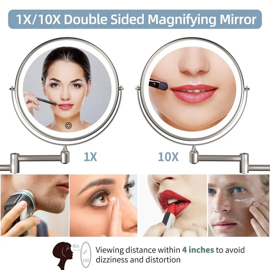 مرآة مكياج مضاءة مثبتة على الحائط 8 بوصة 1X 10X مرآة مكبرة مع 3 أضواء ملونة، مرآة حمام مزدوجة الجوانب مع #3