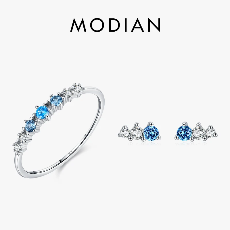 

Modian Simple Thin Blue Shiny Zirconia Trendy Rings 925 Sterling Silver Charm Fine Stud Earrings For Women Female Jewelry Sets