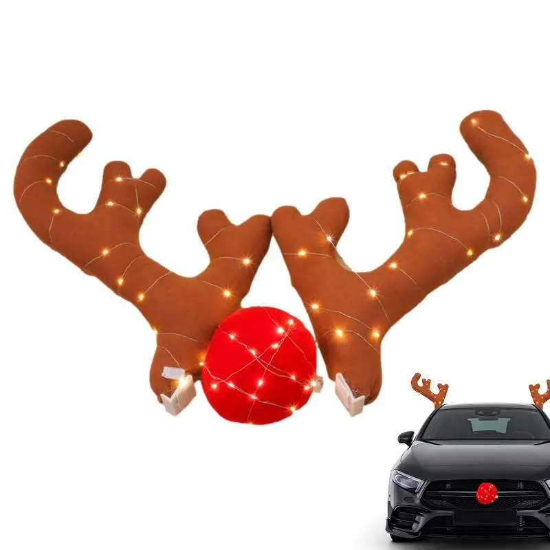 Christmas Reindeer Antlers Pendant Car Decoration Auto Reindeer and Red Nose Set Car Decoration Deer Horn Christmas Decoration