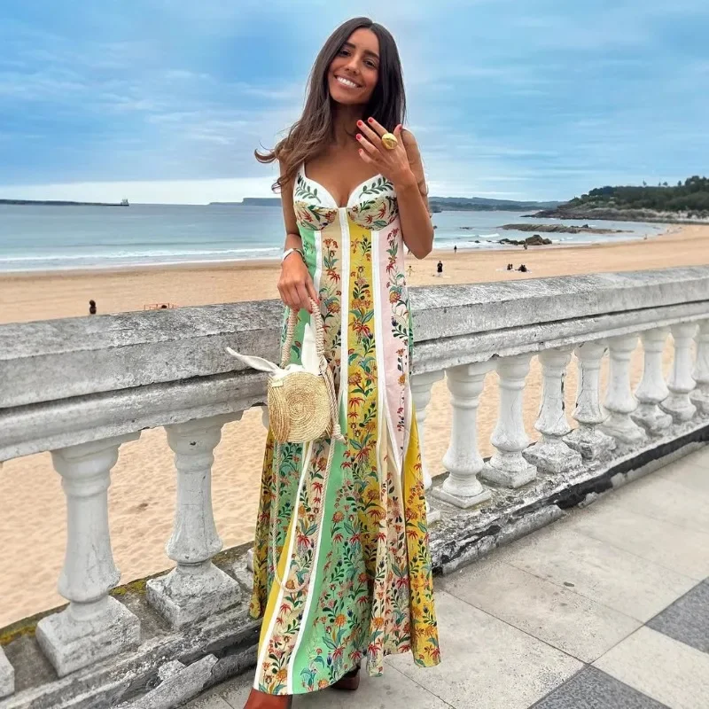 INS Elegant Strap V Neck Corset Flowy Vacation Beach Boho Long Dress Summer Women Loose Linen Floral Bohemian Dress