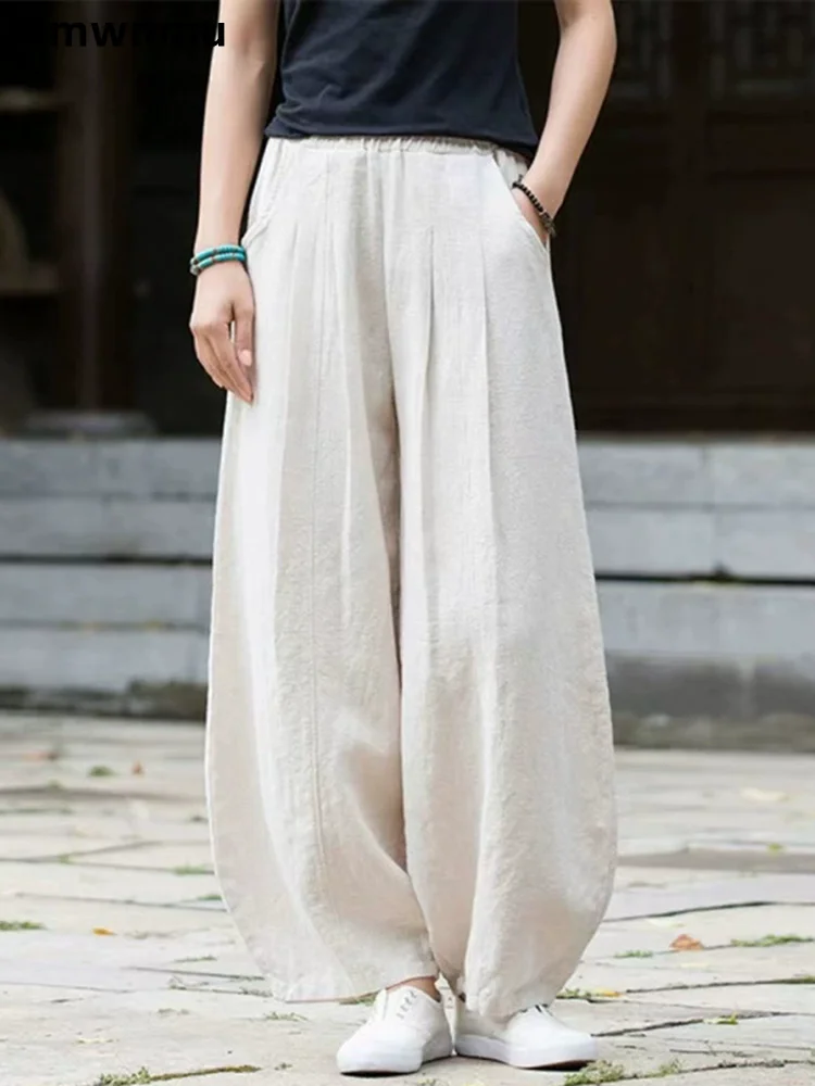 

Мешковатые шаровары из хлопка и льна, винтажные модные свободные брюки, женские повседневные прямые брюки с высокой талией, Hosen Calcas