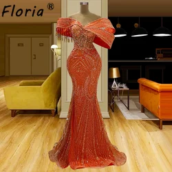 Orange Luxury Beaded Tassel Mermaid Evening Dresses Off the Shoulder Dubai Woman Party Dress Long Wedding Engagement Gowns Prom