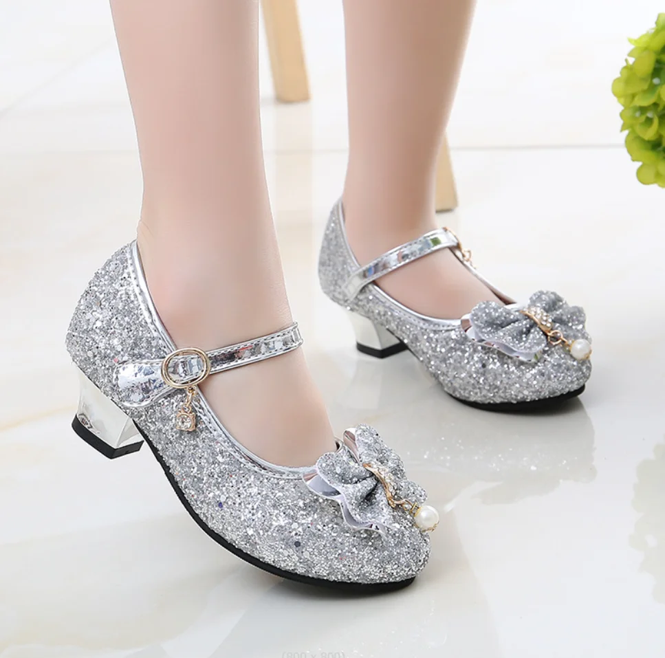 New Children Bowknot Shoes Girls High Heel Princess Dance Sandals for Girls Glitter Soft Leather Fashion Party Dress Wedding Sho - view 3