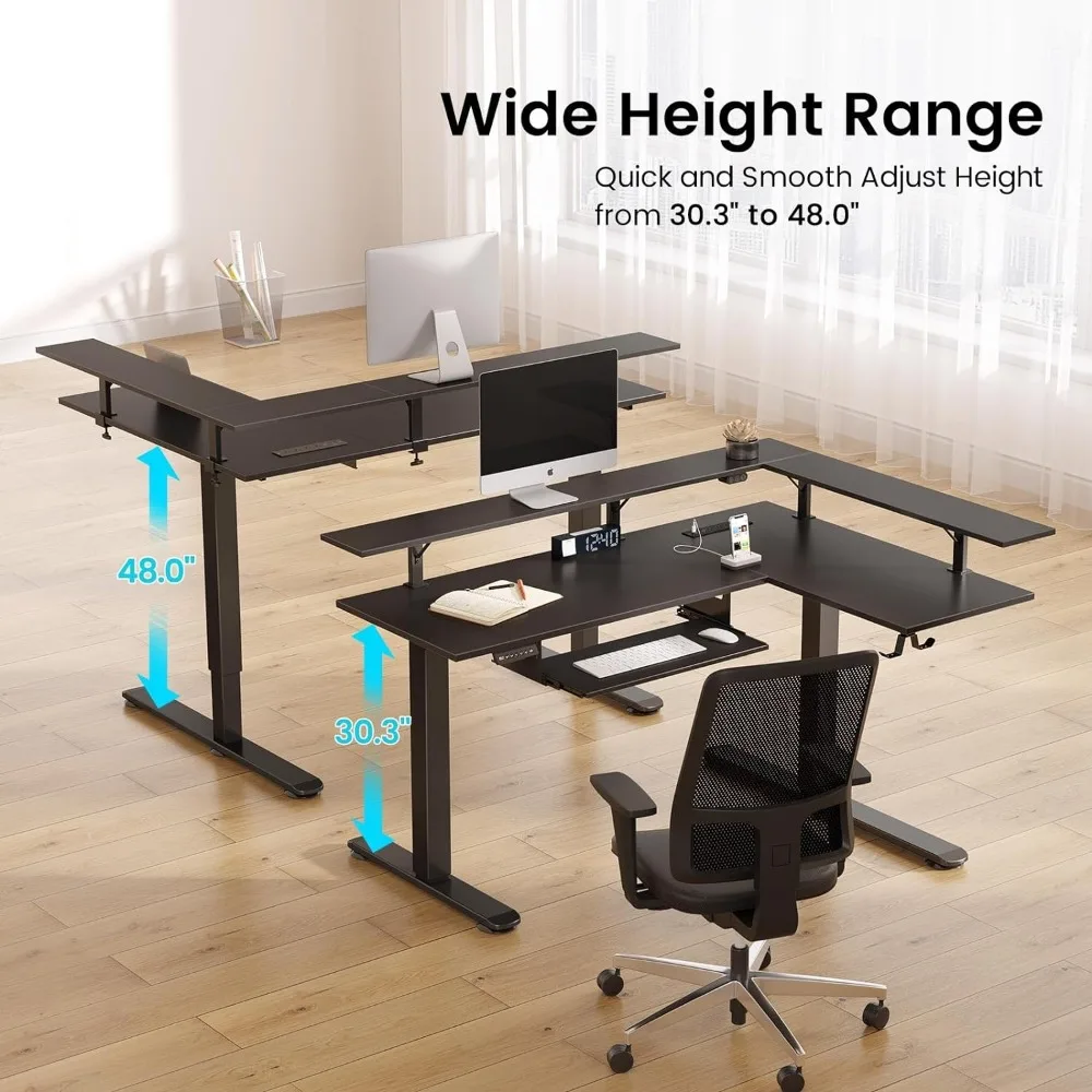 L Shaped Standing Desk with LED Light and Power Outlet, Dual Motor Height Adjustable Electric Standing Desk with Monitor Stand