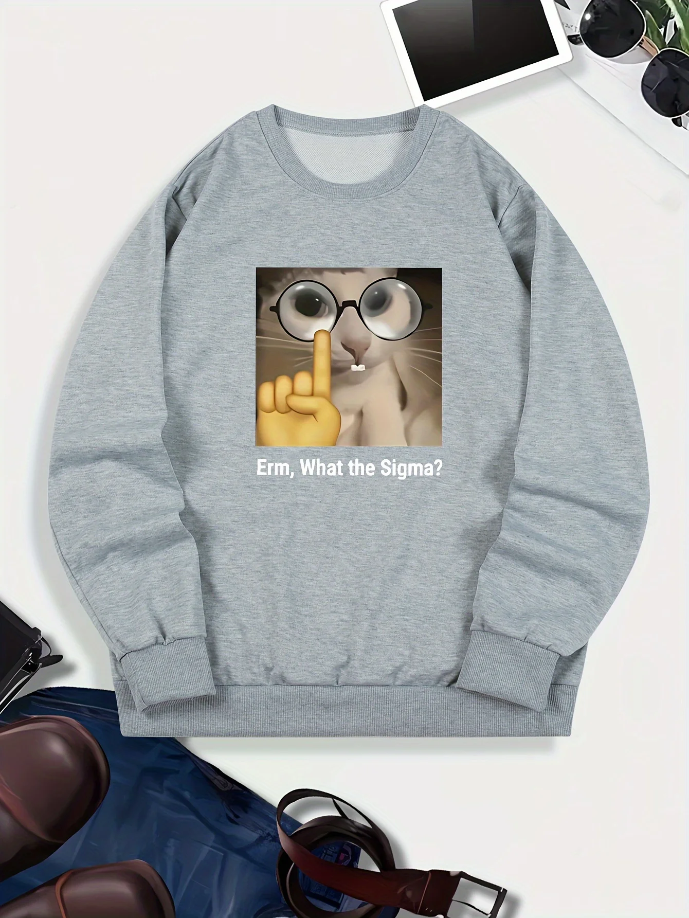 

Мужская повседневная толстовка с круглым вырезом и принтом Sigma Cat, трикотаж из 100% полиэстера, слегка эластичность, свободный крой, 250 г/м2