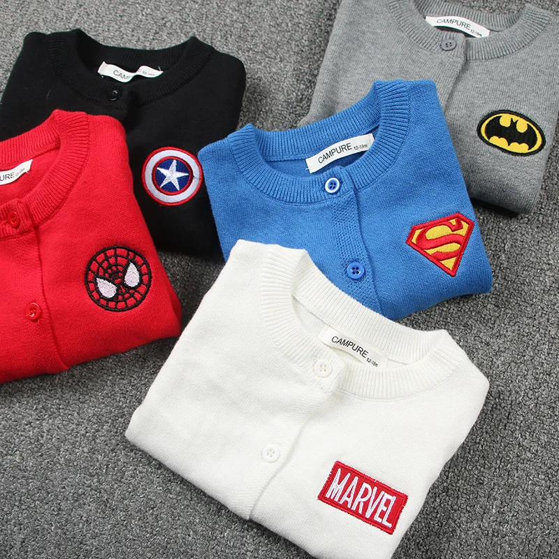 Baby Boys Cartoon Embroidery Marvel Spider-Man Captain America Knit Sweater Pure Cotton Girls Kawaii Knit Cardigan Christmas