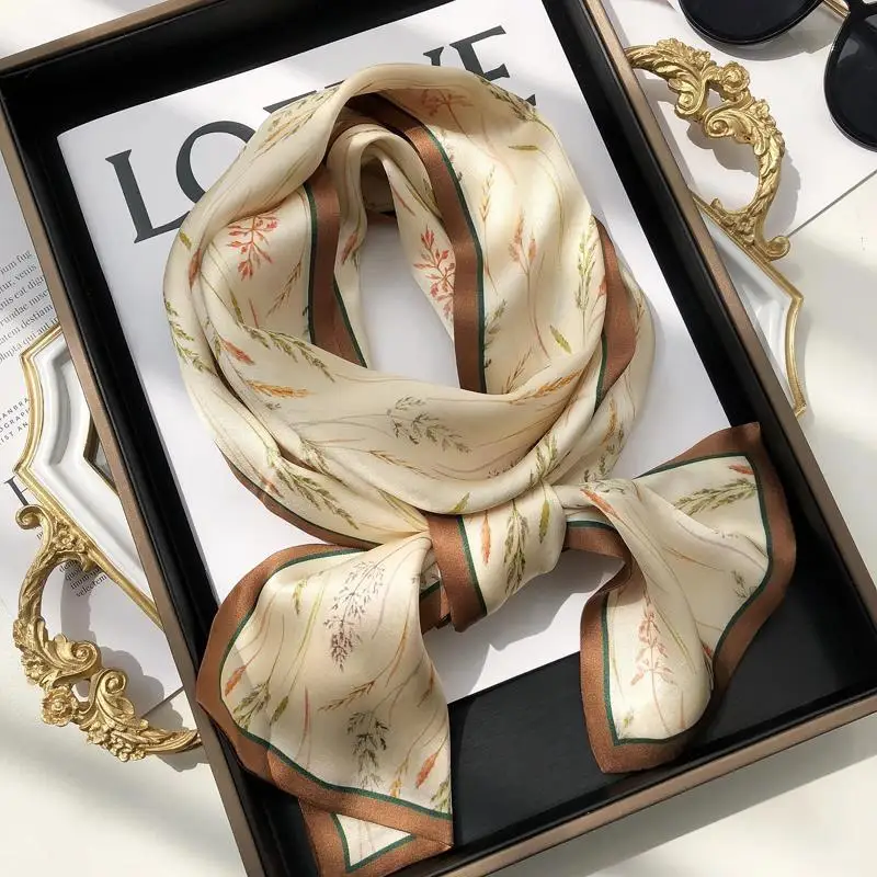 New Elegant Wheat Print Silk Scarf Women Neck Scarves Hijab Sunscreen Bag Decoration Ribbon
