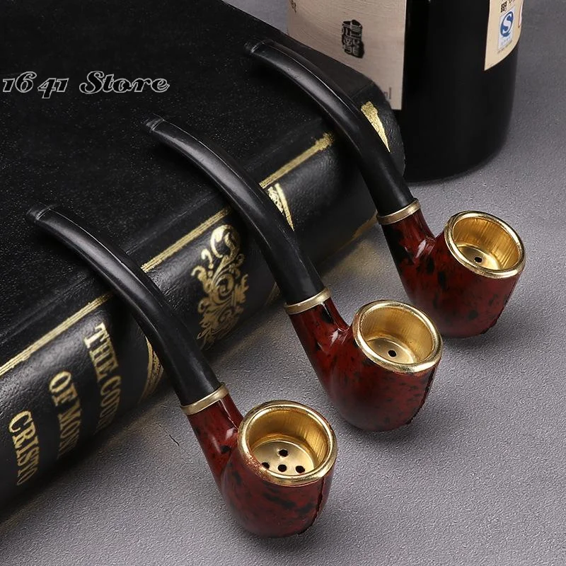 （NEW）Imitation Wood Pipe Men's Classic Resin Pipe Old-Fashioned Dry Pipe Portable Copper Pot Bent Durable Mini Cigarette Pipe