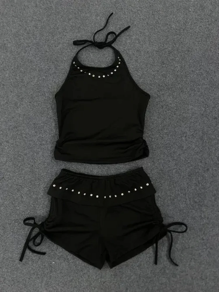 Harajuku estética calle clásico cordón tres partes pantalones cortos moda versátil sólido cuello corbata Metal Rhinestone chaleco ajustado conjuntos