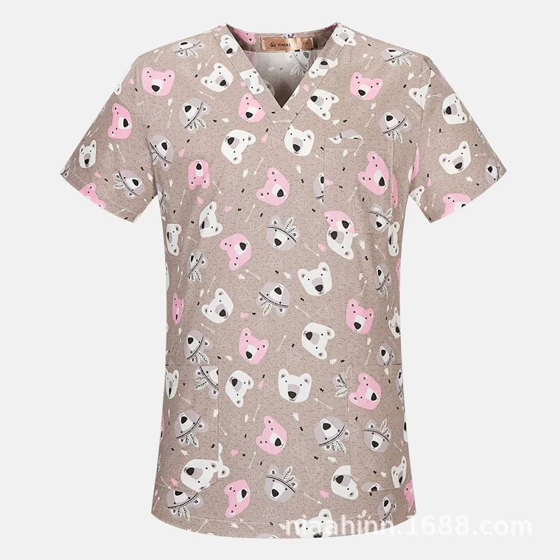 Katoenen Print Scrubs Medische Uniformen Vrouwen Slim Fit Chirurgische Tops Artsen Tandheelkundige Kliniek Schoonheidssalon Dierenwinkel Werkkleding Laboratoriumjas