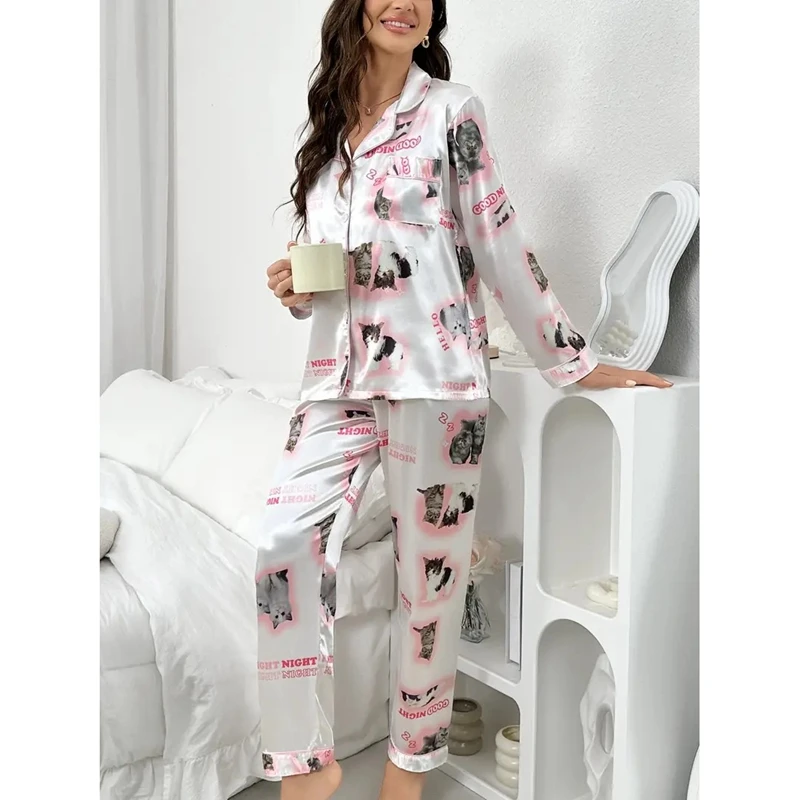 Kawaii Youth Girl Pajamas Satin Pijamas Long Sleeve Fashion Sleepwear Cute Cat Print Autumn Thin Pajama for Women Silk Homewear