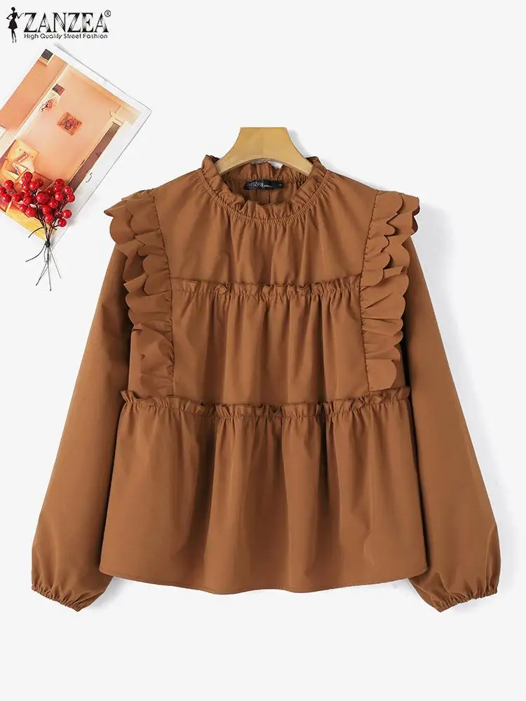 ZANZEA Vintage Solid Color Blouse Fashion Ruffled Stitching Tops 2024 Autumn Women Long Sleeve Blusas Casual Stand Collar Tunics