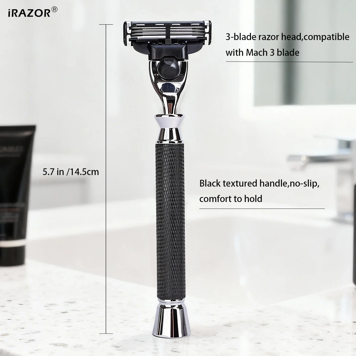 iRAZOR Men's Manual Shaving Razor Black Textured Non-Slip Handle Compatible with Mach 3 Blade Cartridge for Smooth Shave