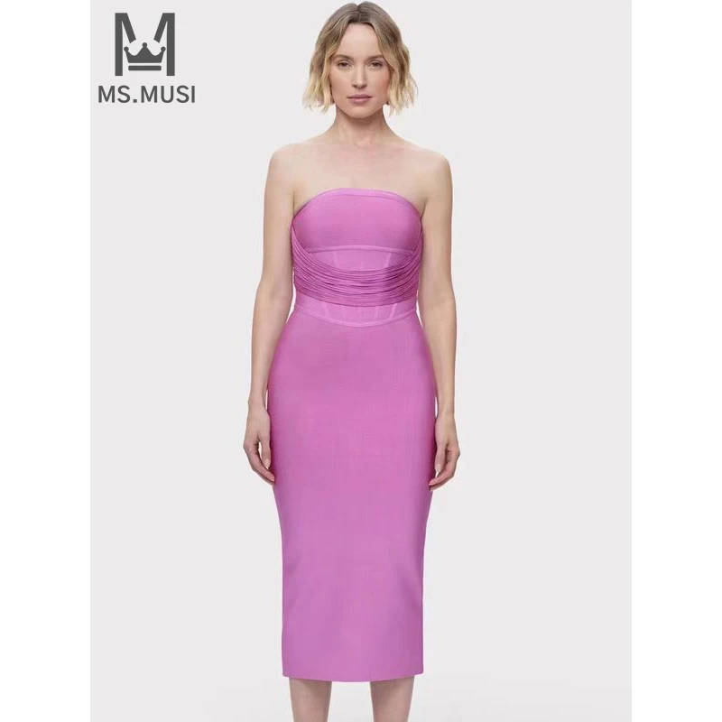 

MSMUSI 2024 New Fashion Women Sexy Strapless Draped Fold Sleeveless Backless Bandage Bodycon Party Club Event Slim Midi Dress