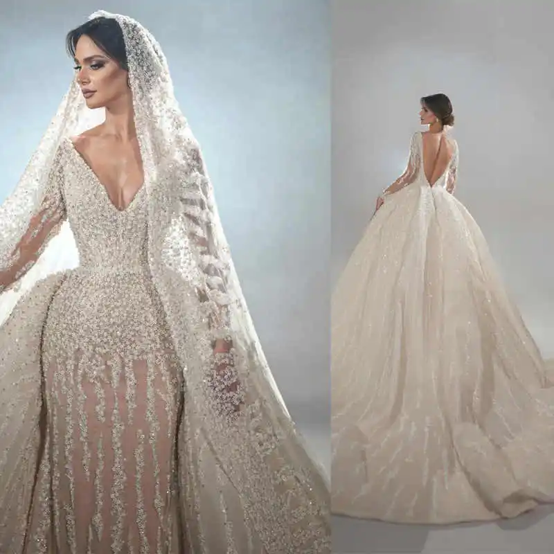 

Luxury V NecK Sheath Wedding Dress Illusion Sleeve Bridal Dress With Detachable Train Customized vestidos de novia