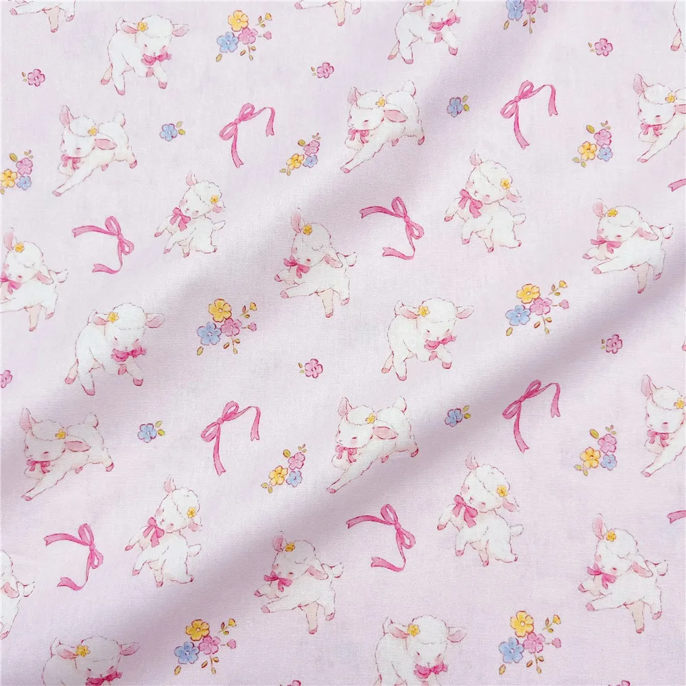 45*110CM Vintage bow Pink lamb Lolita Cotton Fabric DIY Tissue Patchwork Printed Sewing baby clothes Quilting