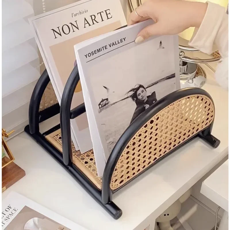 

Middle Ancient Style Magazine Rack Black Rattan Weaving Newspapers Rack Home Desktop Display Rack Creative Practical Bookshelf