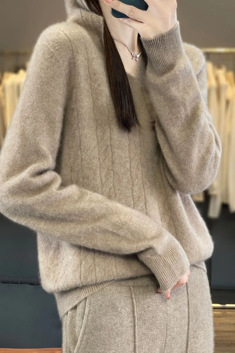 Suéter 100% de lana merina para mujer, jersey retorcido con cuello con capucha, prendas de punto de Cachemira para otoño e invierno, Tops de manga larga