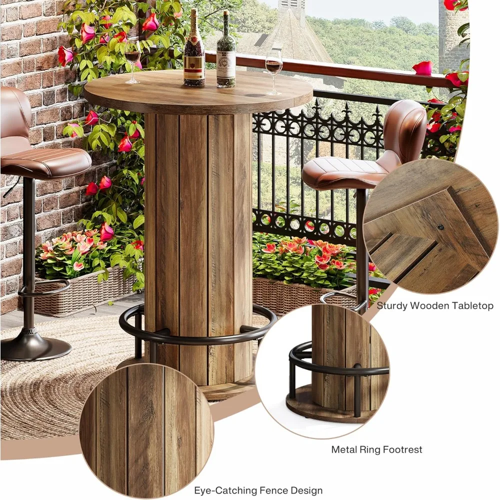 Mesa de bar redonda, mesa de pub de bistró de madera de 39,4 pulgadas de alto con reposapiés de anillo de metal para comedor, café, cóctel, sala de estar, espacio pequeño, Br