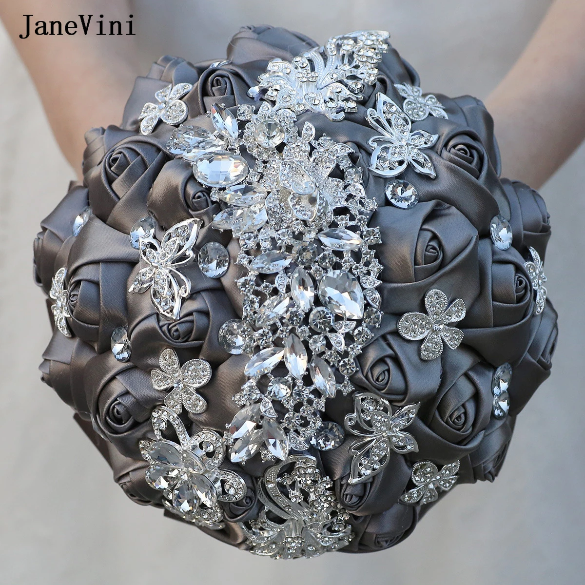 

JaneVini New Dark Gray Ribbon Roses Luxury Rhinestone Bridal Bouquets Handmade Flowers Bridesmaid Hand Decor Wedding Accessories