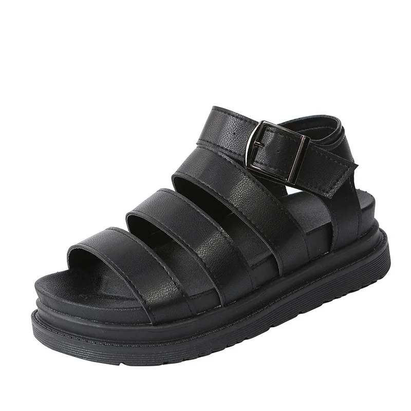 Roman sandals thick-soled Leather Summer 2023 new beach flat muffin platform shoes women's metal buckle black women's sandals