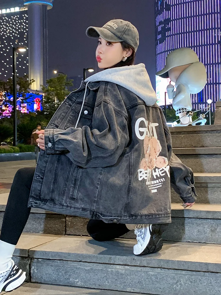 Autumn Winter Fashion Teenager Girls Campus Sports Denim Coat Printed Teddy Bear Letter Loose Casual Party Date Hooded Outerwear
