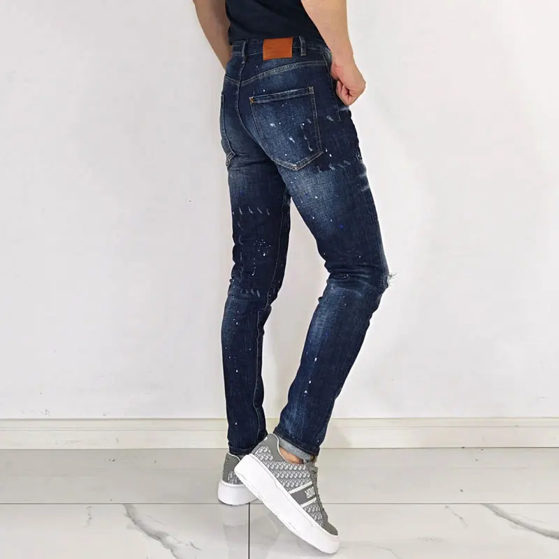 High Street Fashion men's jeans with ripped holes, retro blue elastic slim fit, corrugated jeans, designer hip-hop brand pants,