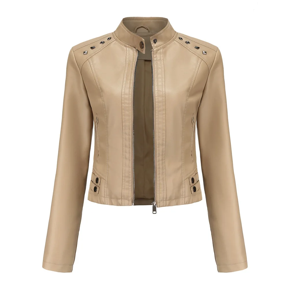 Women's Moto Biker Zipper Jacket 2023 Short Motorcycle Leather Jacket Spring Autumn Coat Veste Femme Chaqueta Mujer Black Coffee