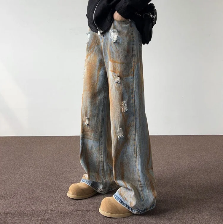 

Y2K Jeans Men's 2025 New Retro Distressed Tie Dye Washed Loose Versatile Wide Leg Jeans High Street American High Waisted Jeans