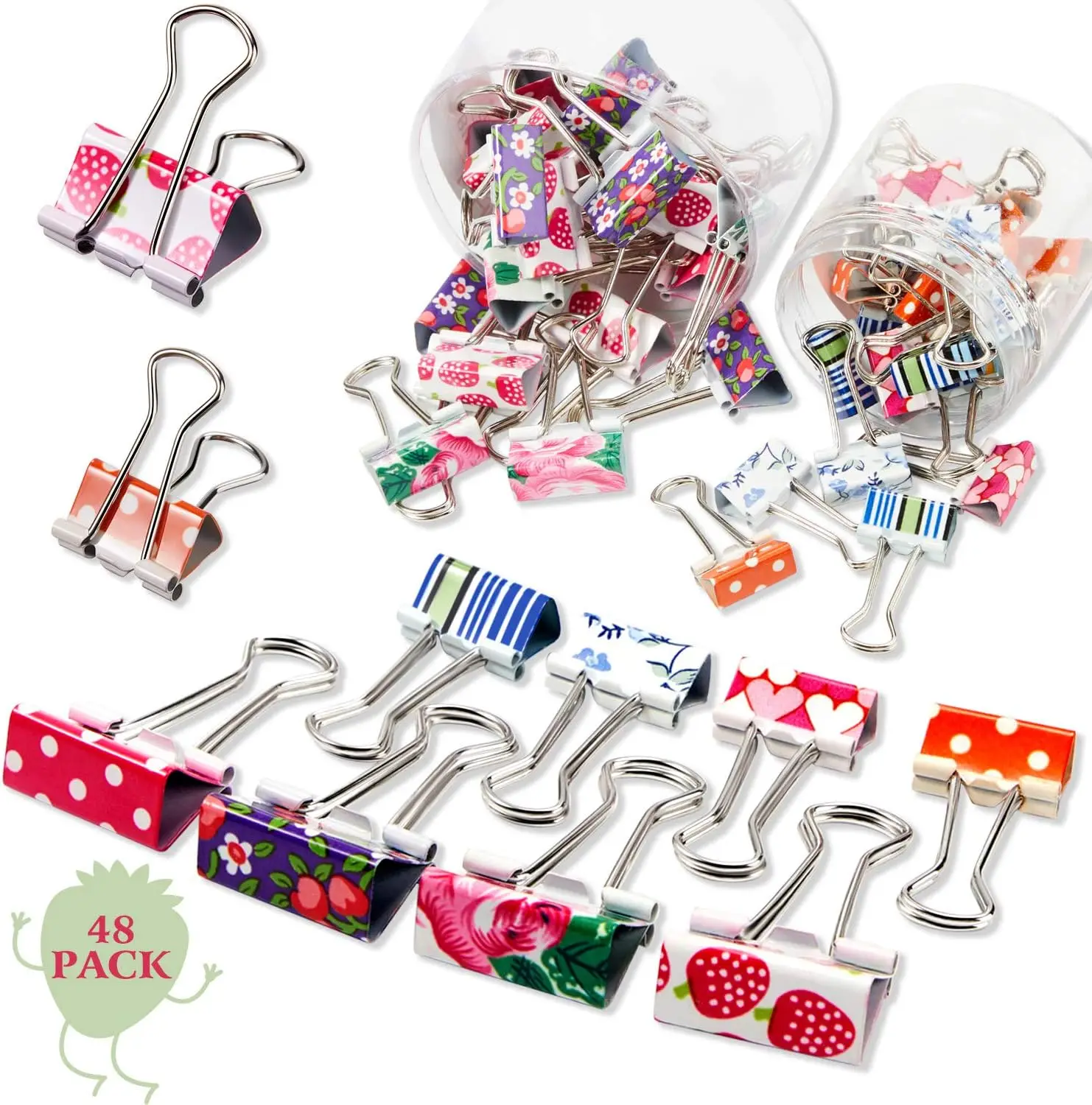 

48 Pcs Cute Binder Clips with Box, 2 Sizes Floral Office Supplies, Assorted Designs for Paper Notebooks