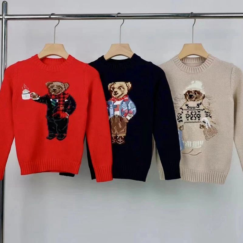 Children\'s Sweater 2024 Autumn/Winter New Bear Pattern Children\'s Leisure Warm Round Neck Long Sleeve Warm Clothes