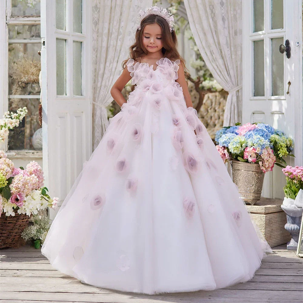 

Princess Pretty V Neck Full Flower Communion Dress Sleeveless Off The Shoulder Floor Length Sweep Train Flower Girl Gowns