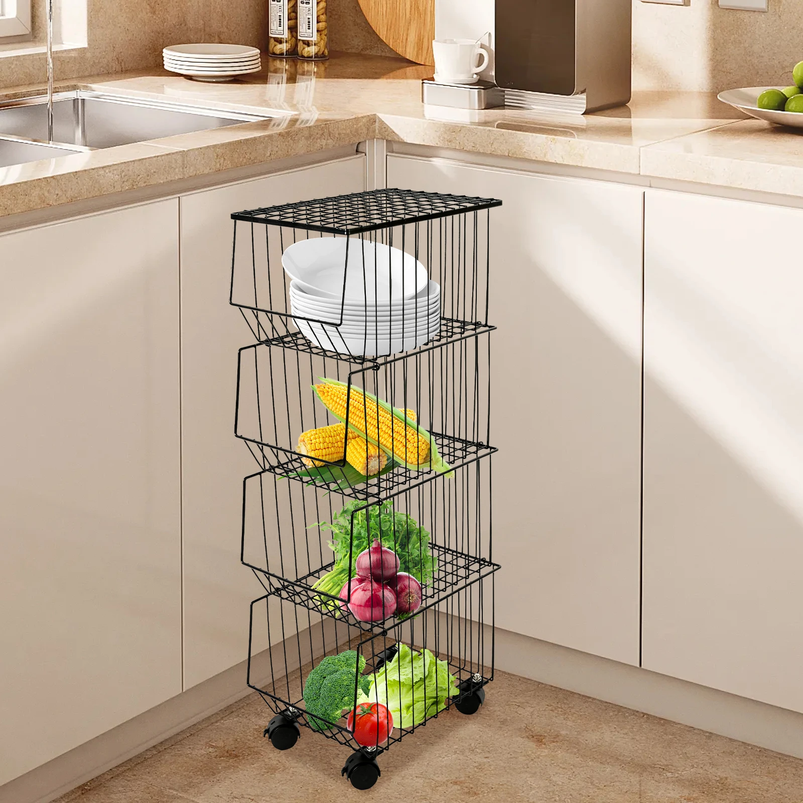 

4 Tier Metal Wire Kitchen Organizer, Fruit Vegetable Storage Trolley Cart Rack Shelf Holder Basket With Roller