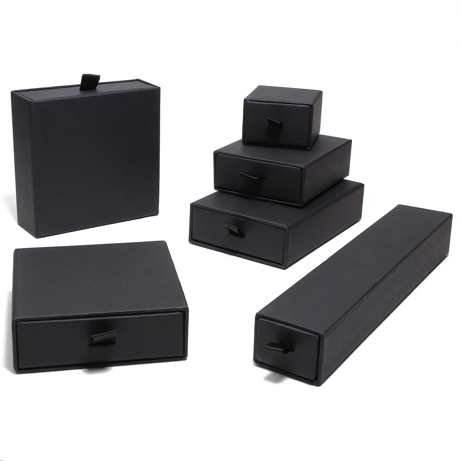 Black Paper Sliding Drawer Jewelry Display Box Necklace Rings Earing Bracelet Storage Packaging Stand With Ribbon Rope Sponge