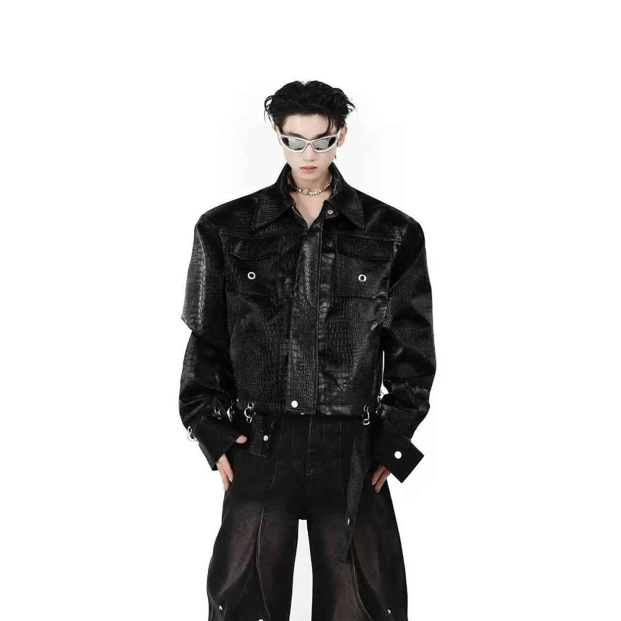 TIFICY Crocodile Patterned Shoulder Pad PU Leather Jacket Men's Patchwork Design High-end Black Jackets Top Men Clothing