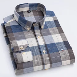 Men's Long Sleeve Oxford Plaid Striped Casual Dress Shirts Front Patch Chest Pocket Regular-fit Button-down Collar Work Shirts