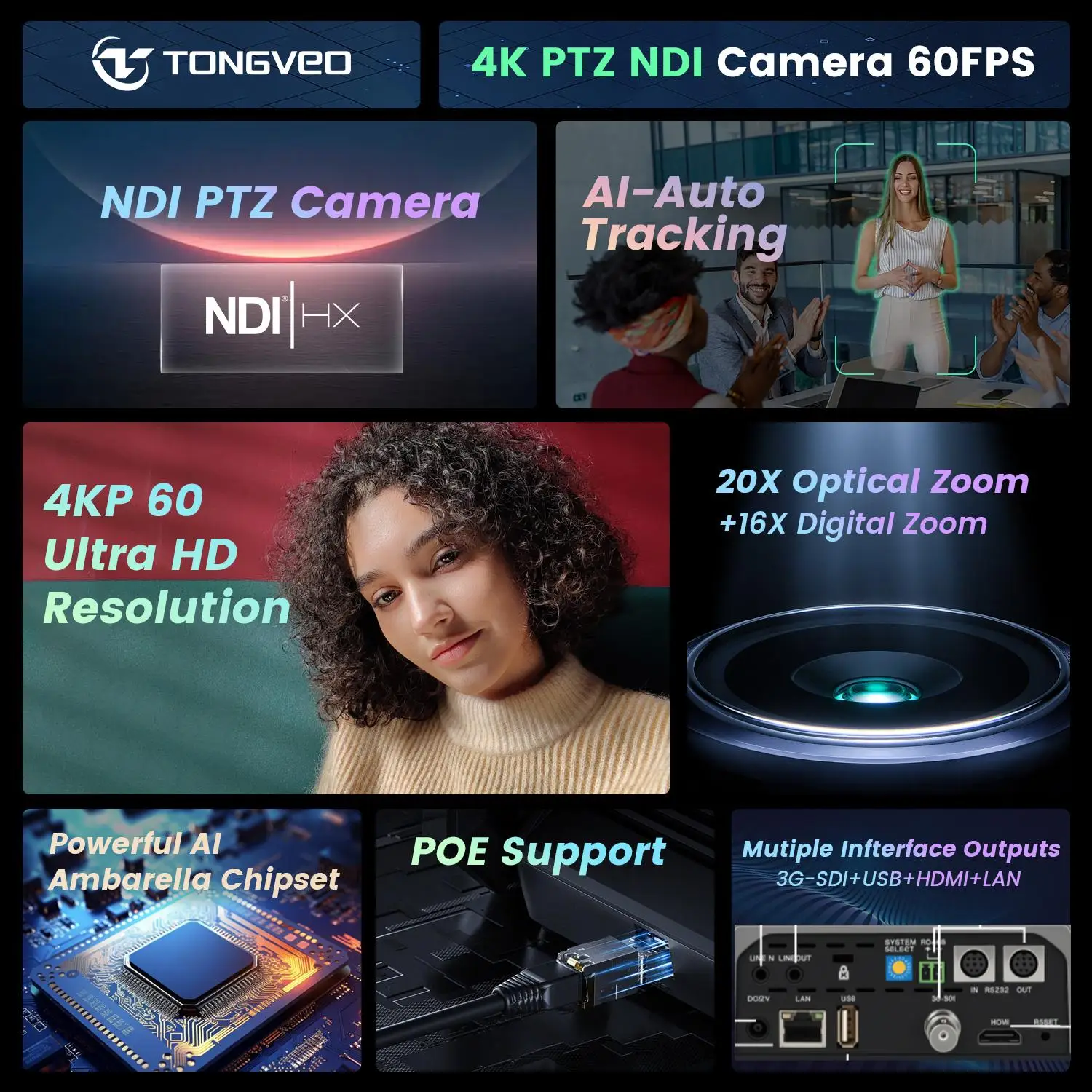 TONGVEO 4K60 20x Optical Zoom PTZ Camera Network Protocol and 4 Build-in Mics Speakerphone 25 Attendees for Live Streaming