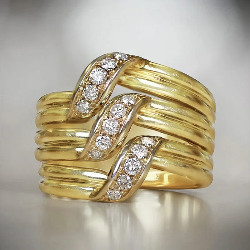 CAOSHI Stylish Multi-layered Ring Gold Color Bright Zirconia Finger Jewelry for Anniversary Party Fashion Accessories for Women