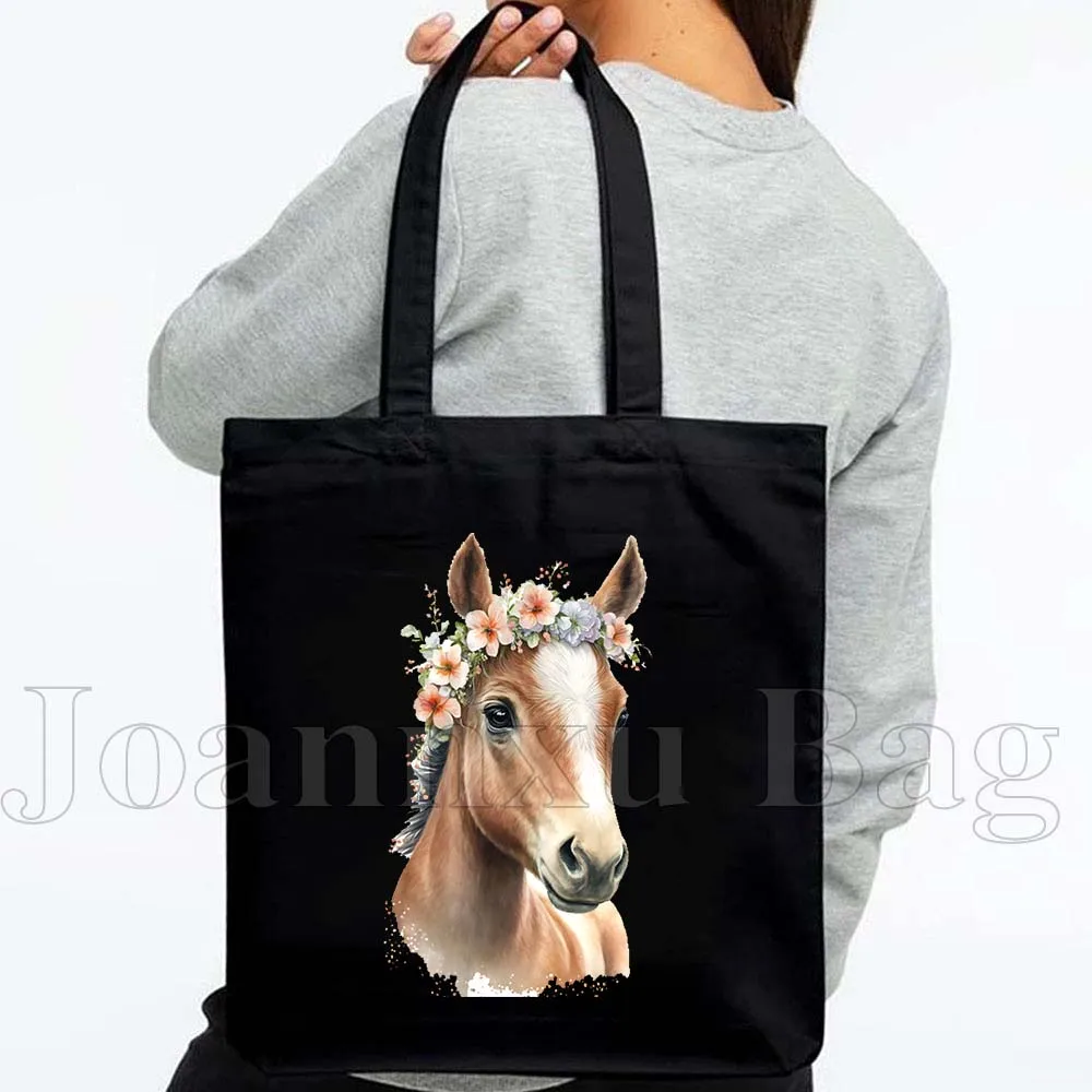 Dziki duch kwiatowy koń obraz olejny kobiety płócienna torba na ramię torebka Harajuku Eco Shopper bawełniane torby na zakupy wielokrotnego użytku
